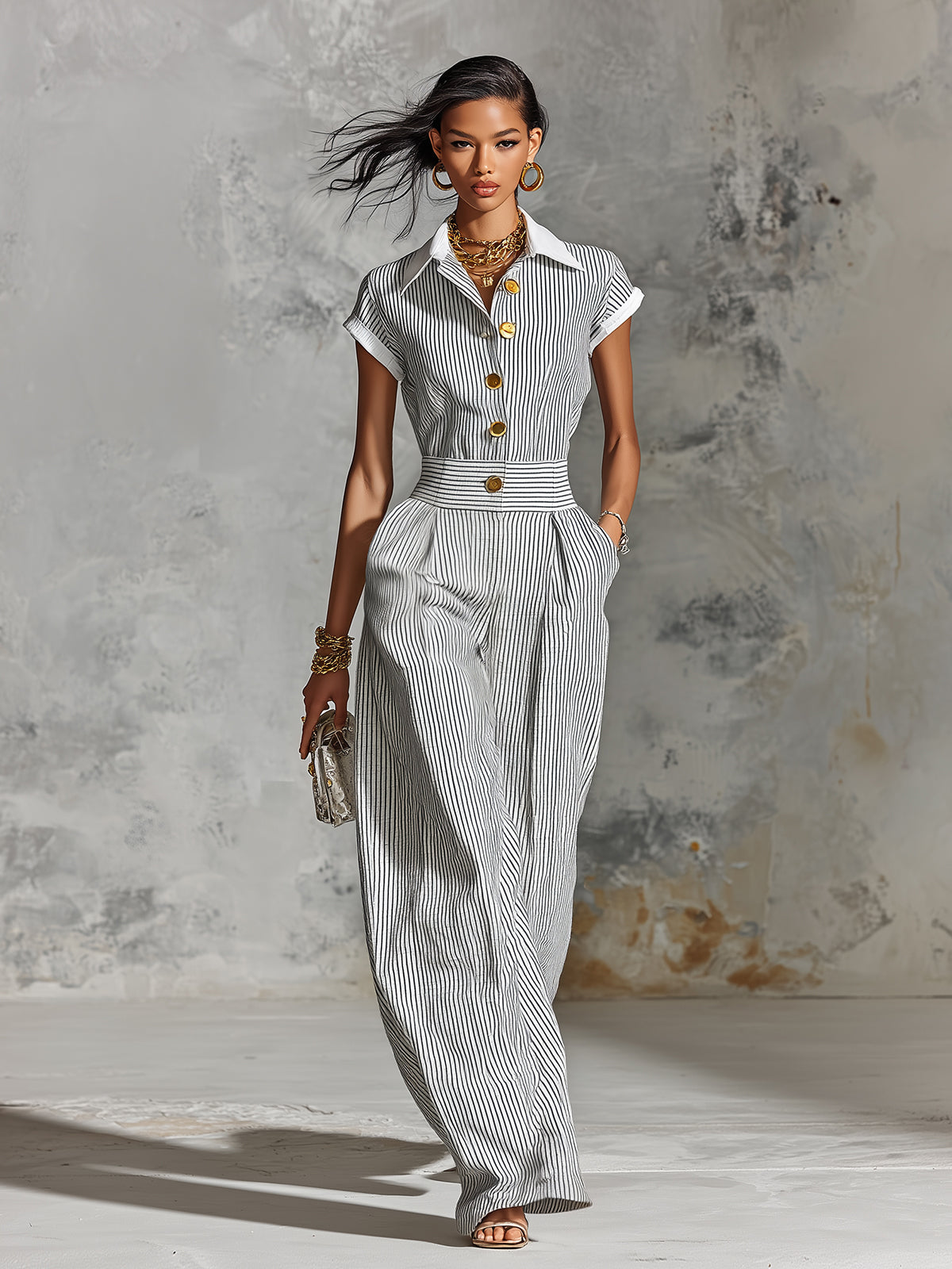 Chic Elegant White-Black Pinstripes Cotton-Linen Blend Colorblock Lapel-Collar Single-Breasted Short-Sleeve Tailored-Waist Wide-Leg Jumpsuit
