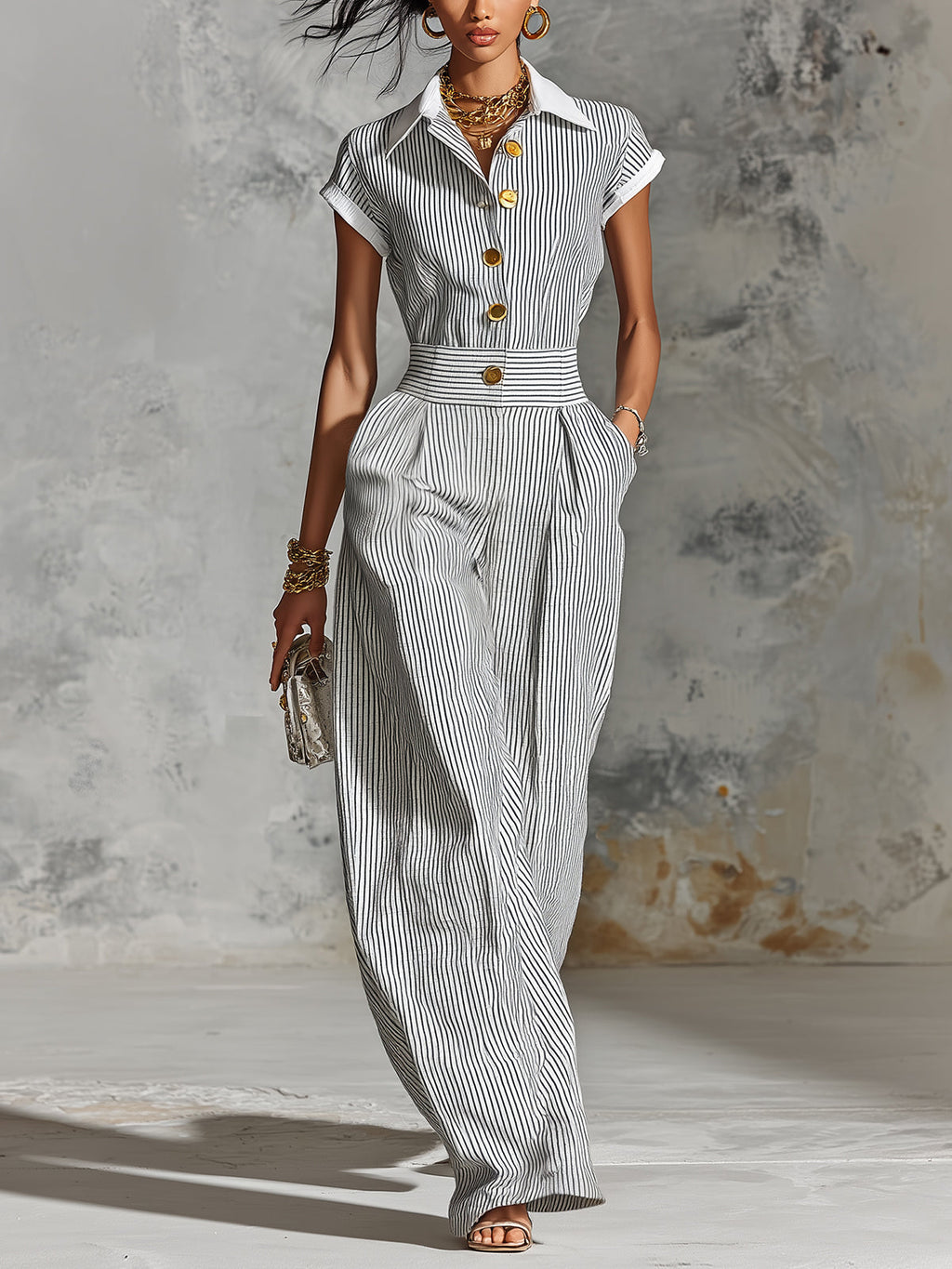Chic Elegant White-Black Pinstripes Cotton-Linen Blend Colorblock Lapel-Collar Single-Breasted Short-Sleeve Tailored-Waist Wide-Leg Jumpsuit