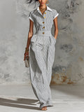 Chic Elegant White-Black Pinstripes Cotton-Linen Blend Colorblock Lapel-Collar Single-Breasted Short-Sleeve Tailored-Waist Wide-Leg Jumpsuit
