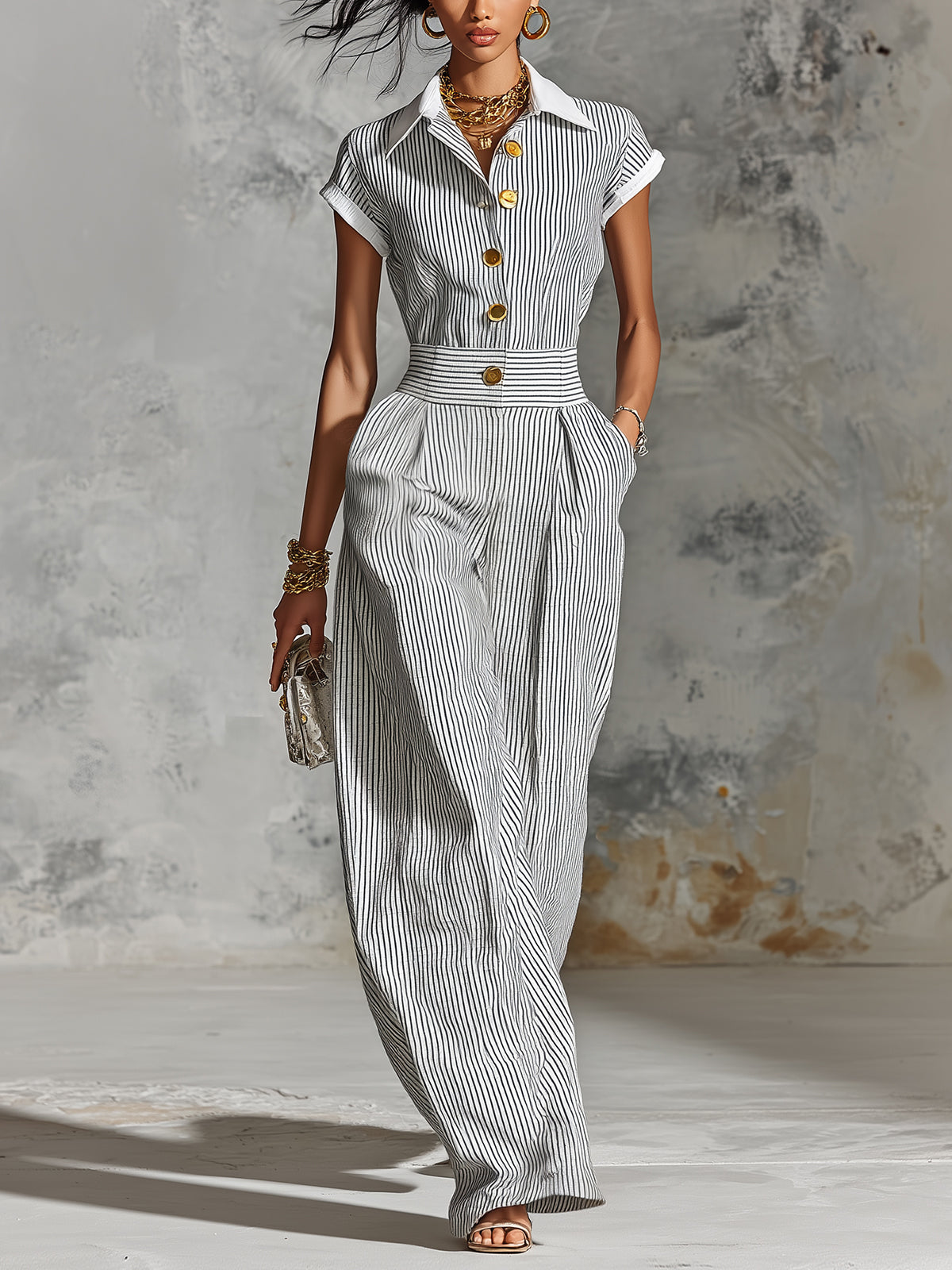 Chic Elegant White-Black Pinstripes Cotton-Linen Blend Colorblock Lapel-Collar Single-Breasted Short-Sleeve Tailored-Waist Wide-Leg Jumpsuit