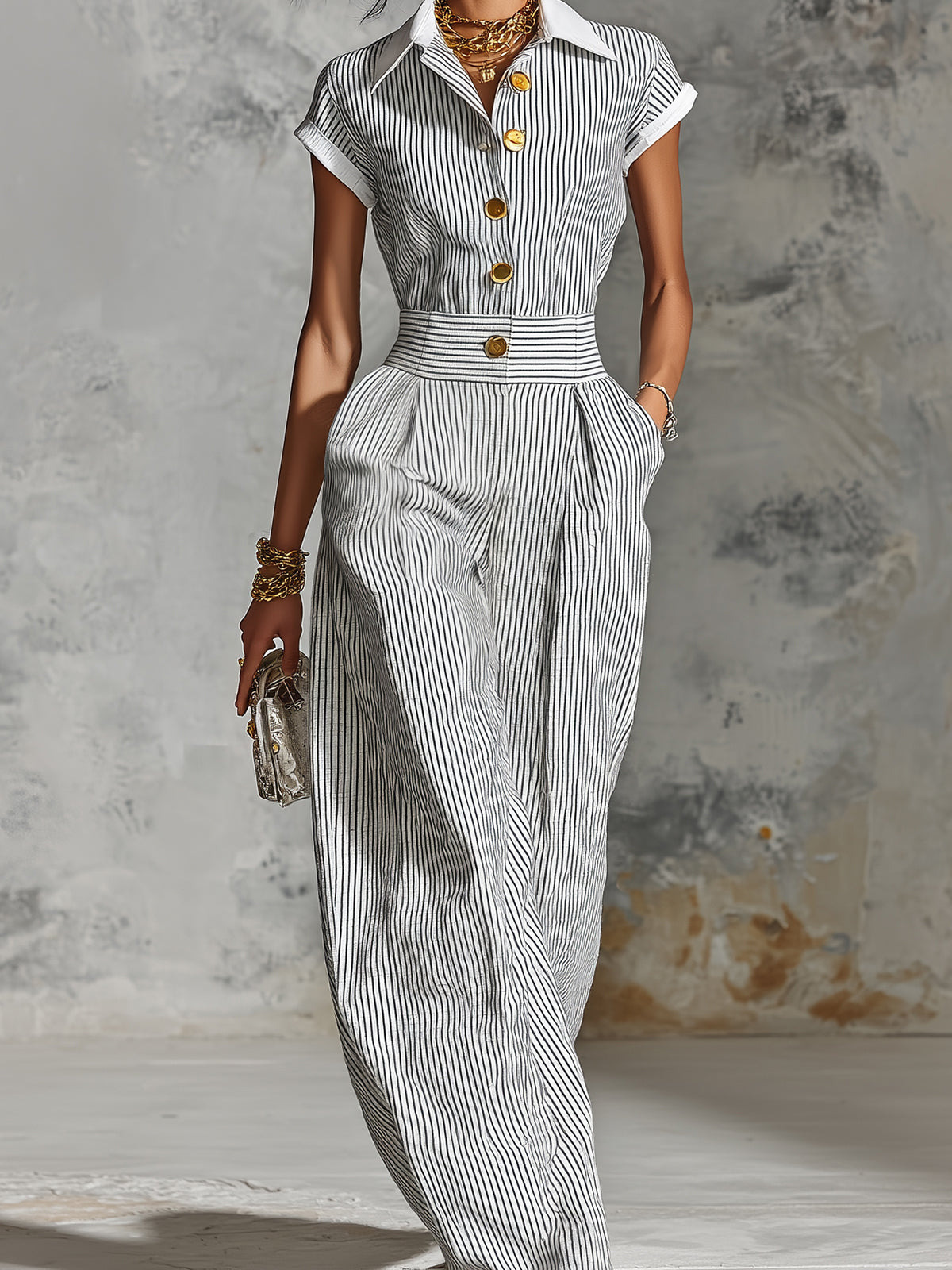 Chic Elegant White-Black Pinstripes Cotton-Linen Blend Colorblock Lapel-Collar Single-Breasted Short-Sleeve Tailored-Waist Wide-Leg Jumpsuit
