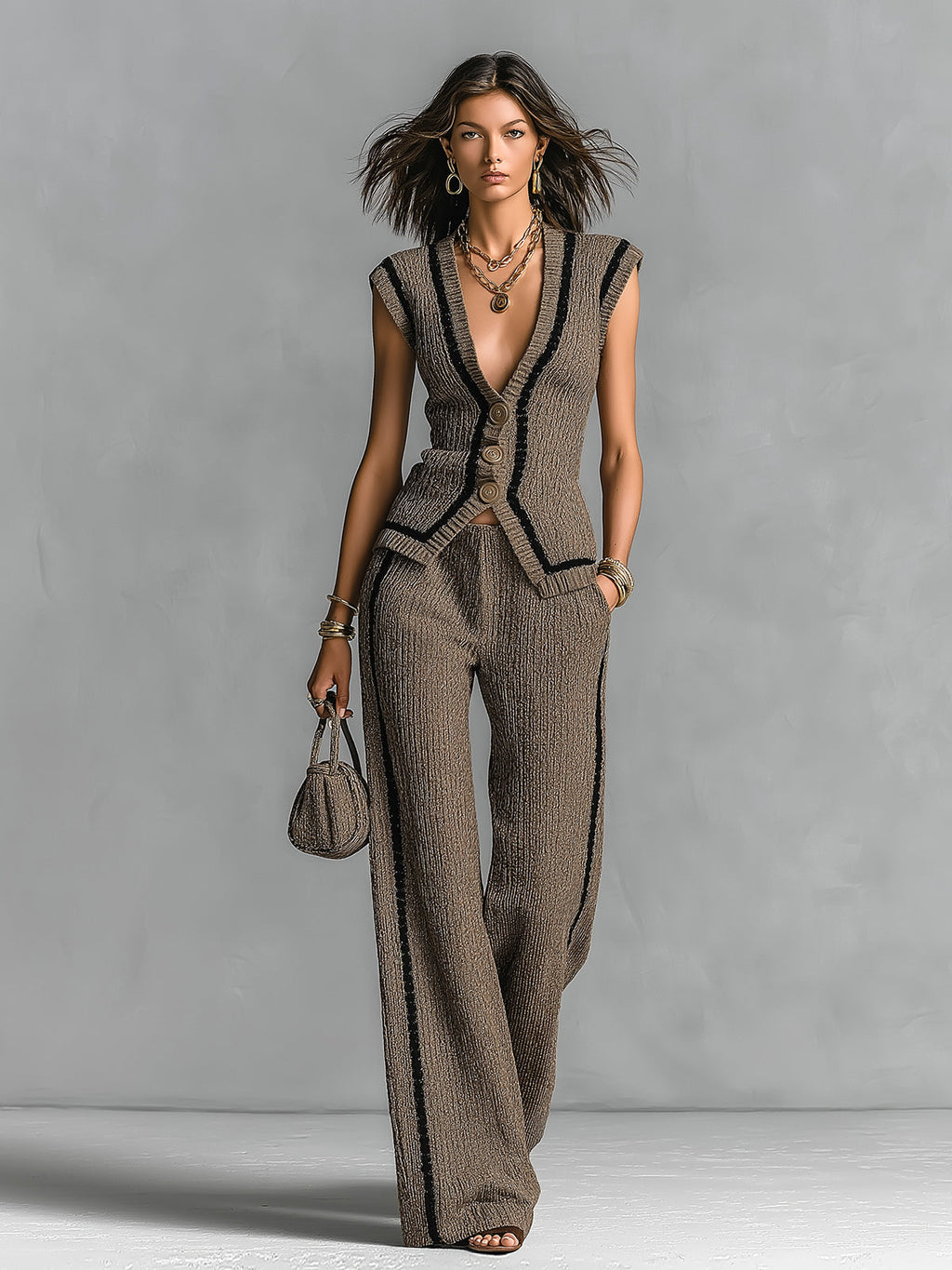 Chic Elegant Brown V-Neck Single-Breasted Vest Elastic-Waist Wide-Leg Pants Black Stripe Detail Slim-Fit Ribbed Knit Two-Piece Set