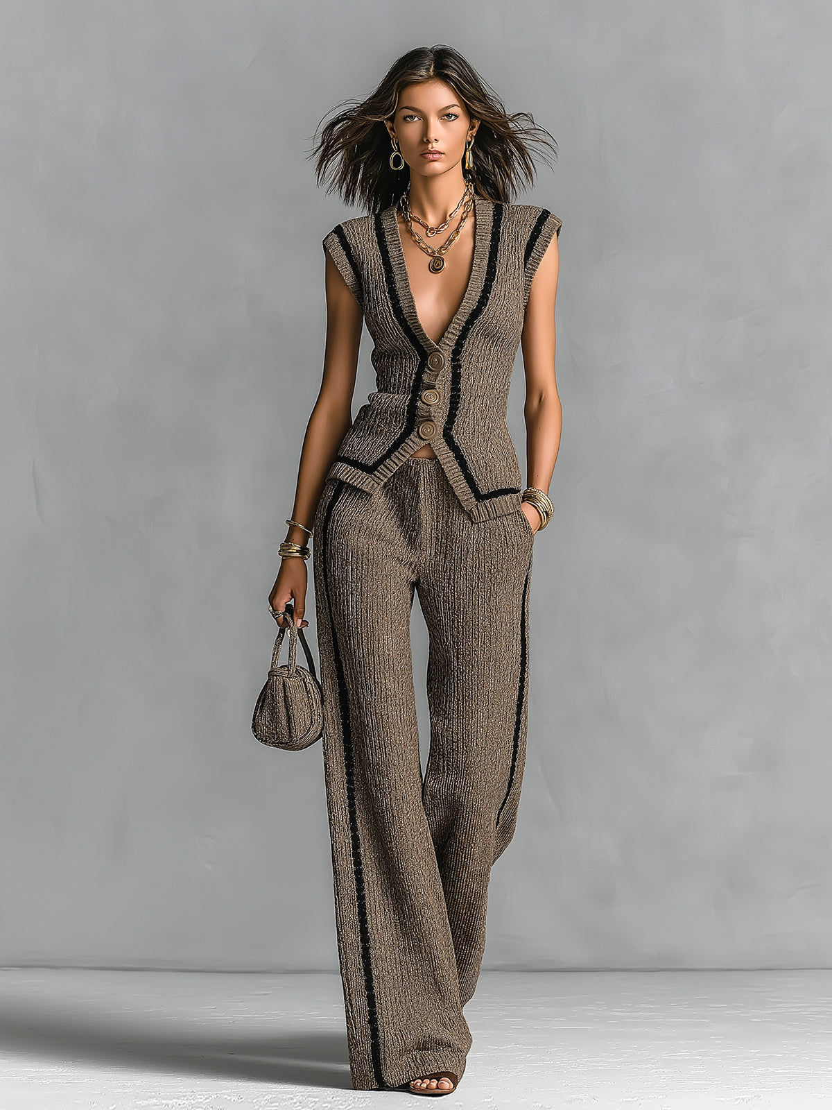 Chic Elegant Brown V-Neck Single-Breasted Vest Elastic-Waist Wide-Leg Pants Black Stripe Detail Slim-Fit Ribbed Knit Two-Piece Set