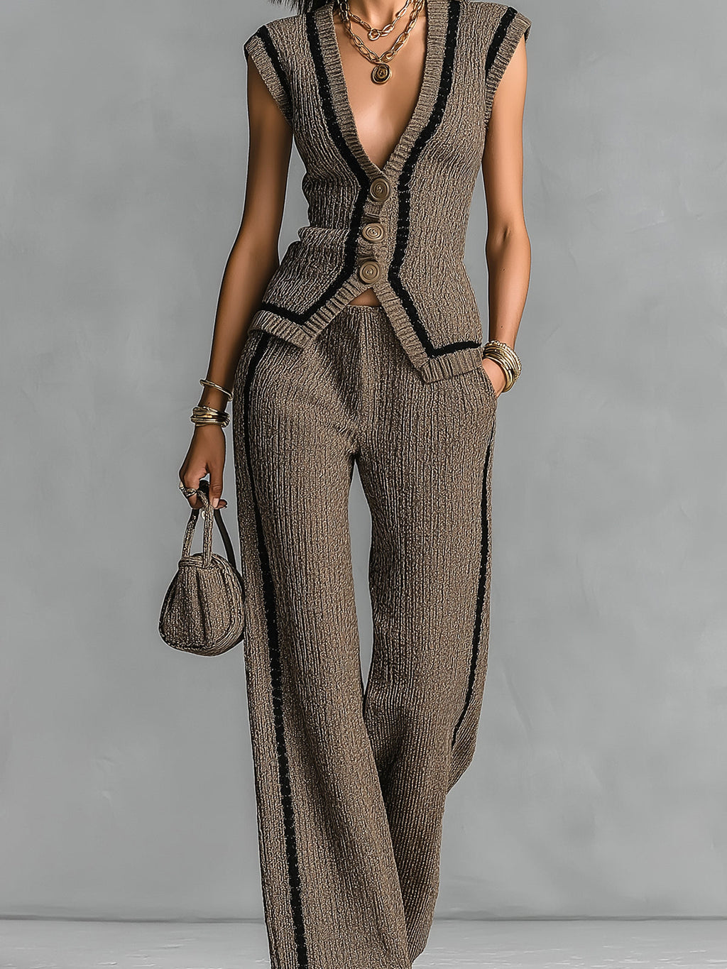 Chic Elegant Brown V-Neck Single-Breasted Vest Elastic-Waist Wide-Leg Pants Black Stripe Detail Slim-Fit Ribbed Knit Two-Piece Set