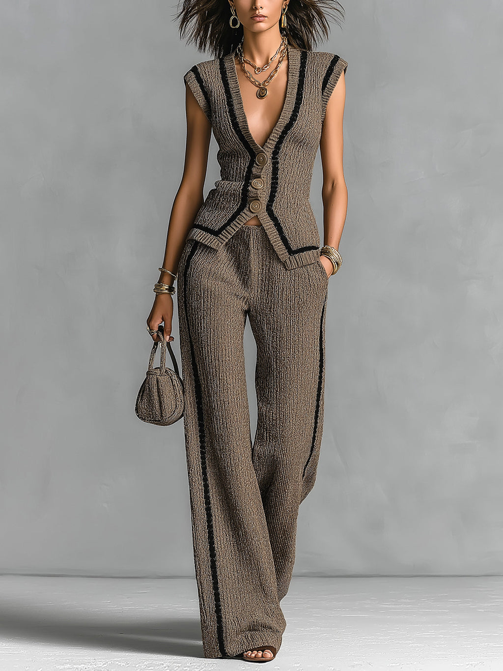 Chic Elegant Brown V-Neck Single-Breasted Vest Elastic-Waist Wide-Leg Pants Black Stripe Detail Slim-Fit Ribbed Knit Two-Piece Set