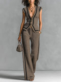 Chic Elegant Brown V-Neck Single-Breasted Vest Elastic-Waist Wide-Leg Pants Black Stripe Detail Slim-Fit Ribbed Knit Two-Piece Set