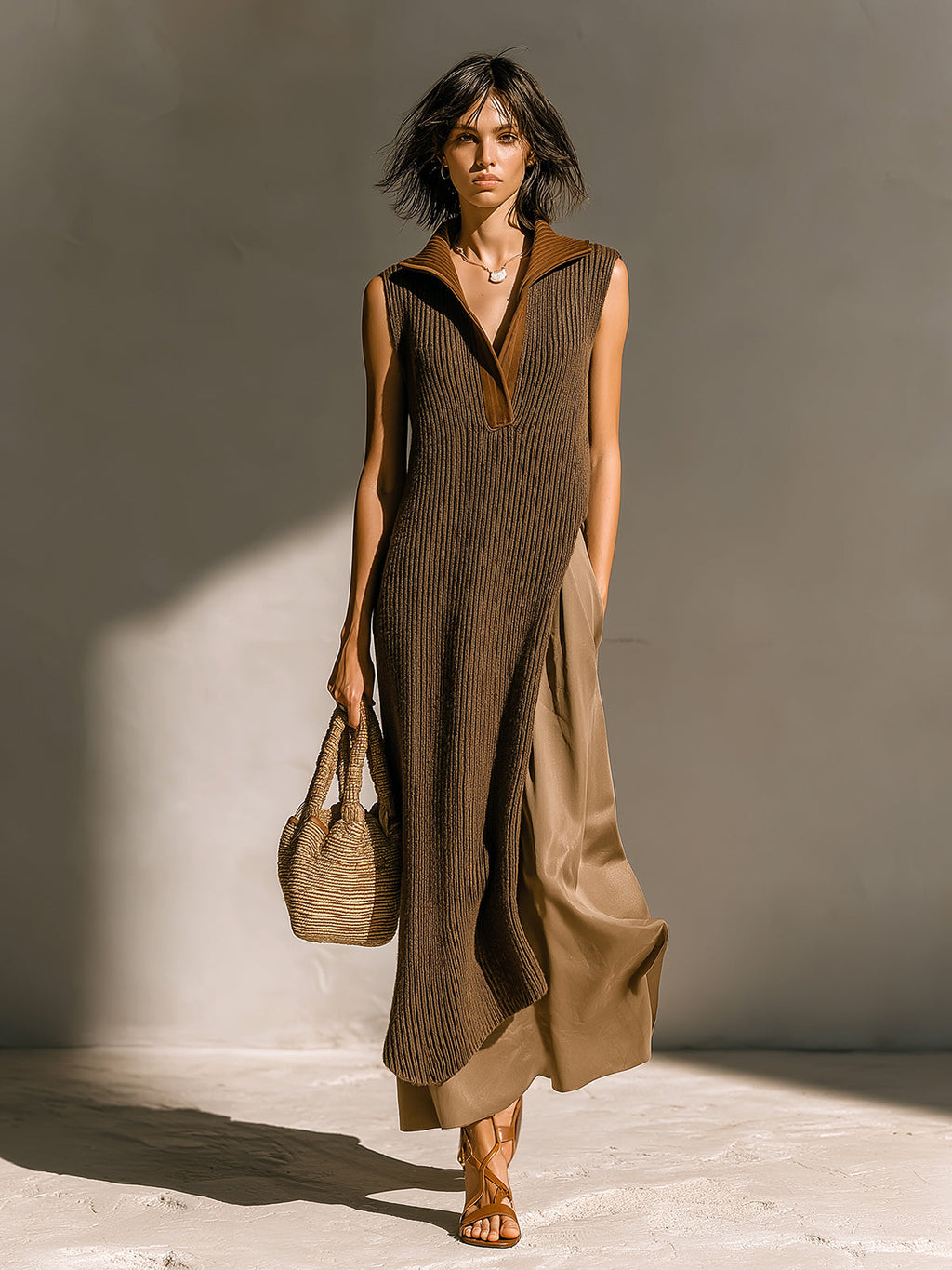 Chic Elegant Brown-Camel Colorblock Lapel V-Neck Sleeveless Patchwork Detail A-Line Loose-Fit Ribbed Knit Faux Layer Maxi Dress