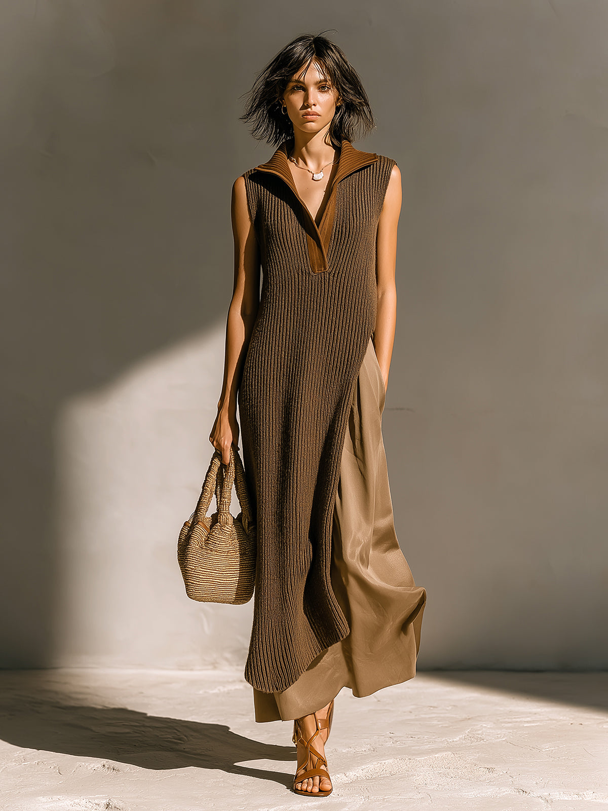 Chic Elegant Brown-Camel Colorblock Lapel V-Neck Sleeveless Patchwork Detail A-Line Loose-Fit Ribbed Knit Faux Layer Maxi Dress