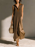 Chic Elegant Brown-Camel Colorblock Lapel V-Neck Sleeveless Patchwork Detail A-Line Loose-Fit Ribbed Knit Faux Layer Maxi Dress