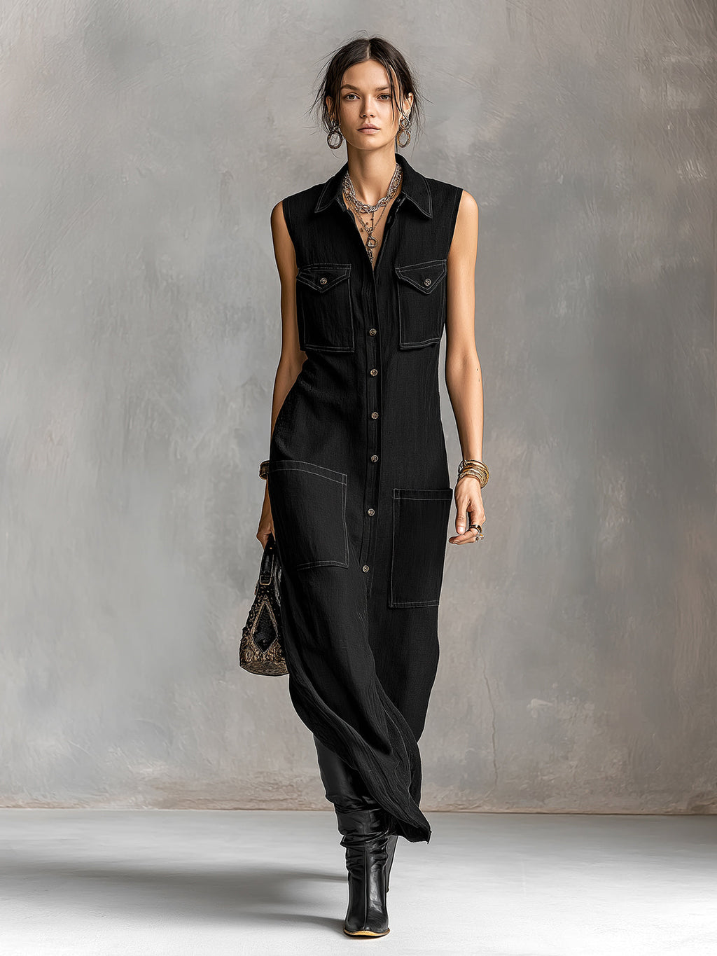Chic Elegant Black Cotton-Linen Blend Lapel-Collar Single-Breasted Sleeveless Multi-Pocket Loose-Fit Maxi Dress