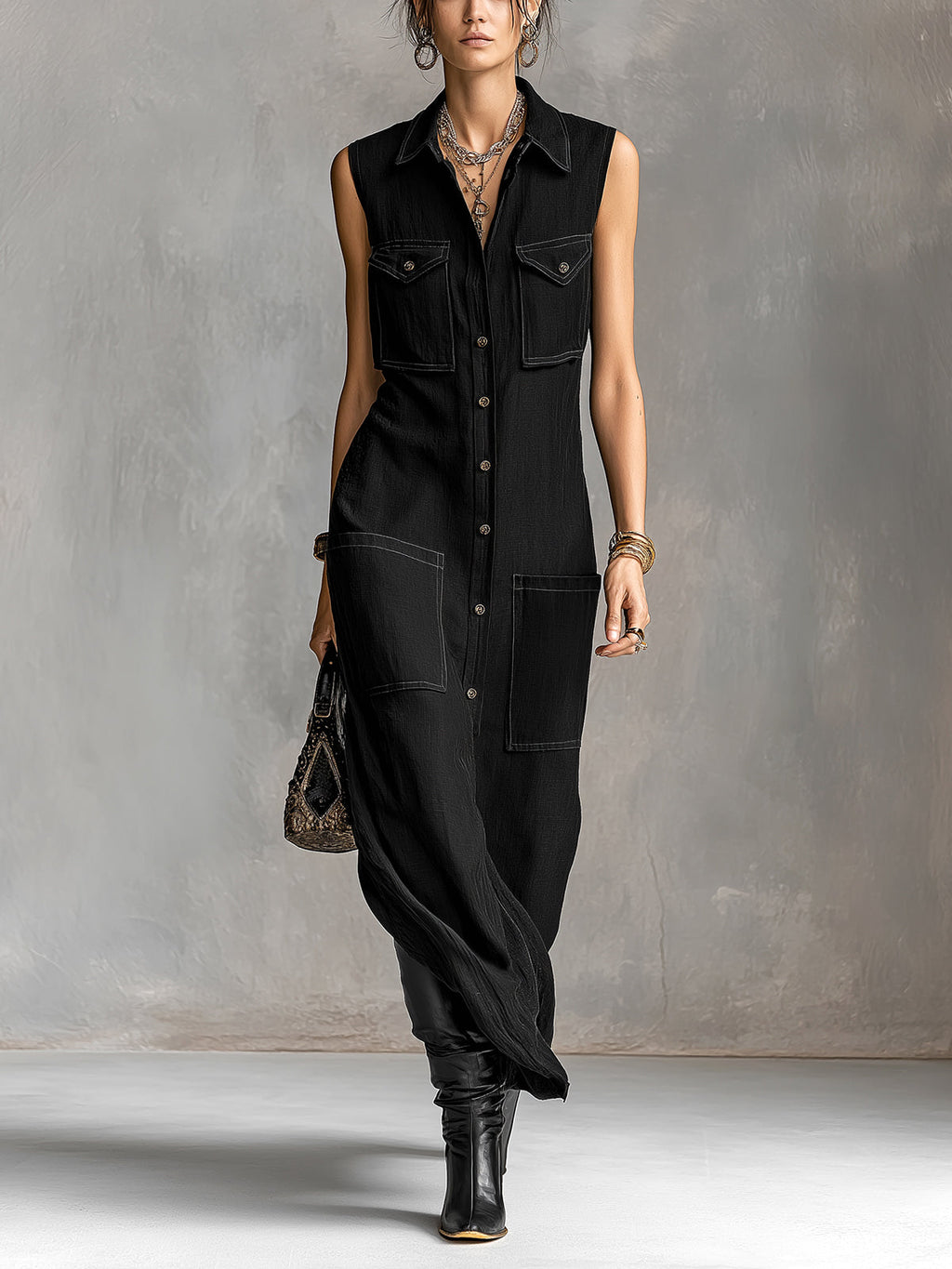 Chic Elegant Black Cotton-Linen Blend Lapel-Collar Single-Breasted Sleeveless Multi-Pocket Loose-Fit Maxi Dress
