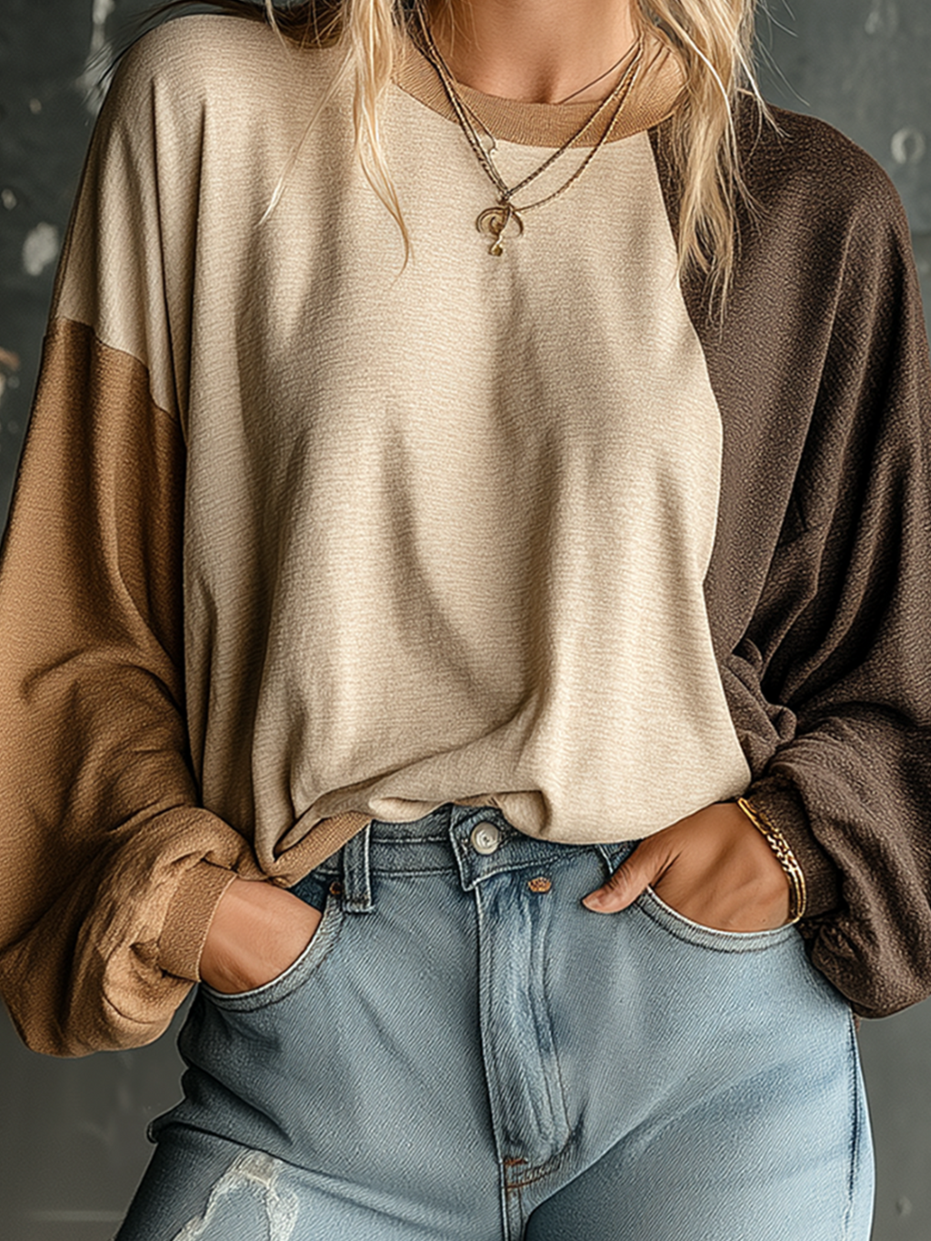 Chic Casual Oatmeal-Camel-Brown Colorblock Round-Neck Balloon Long Sleeve Oversize Cotton T-Shirt Top