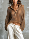 Chic Casual Brown Lapel-Collar Zipper-Up Long Sleeve  Loose-Fit Mesh Knit Sweater Top