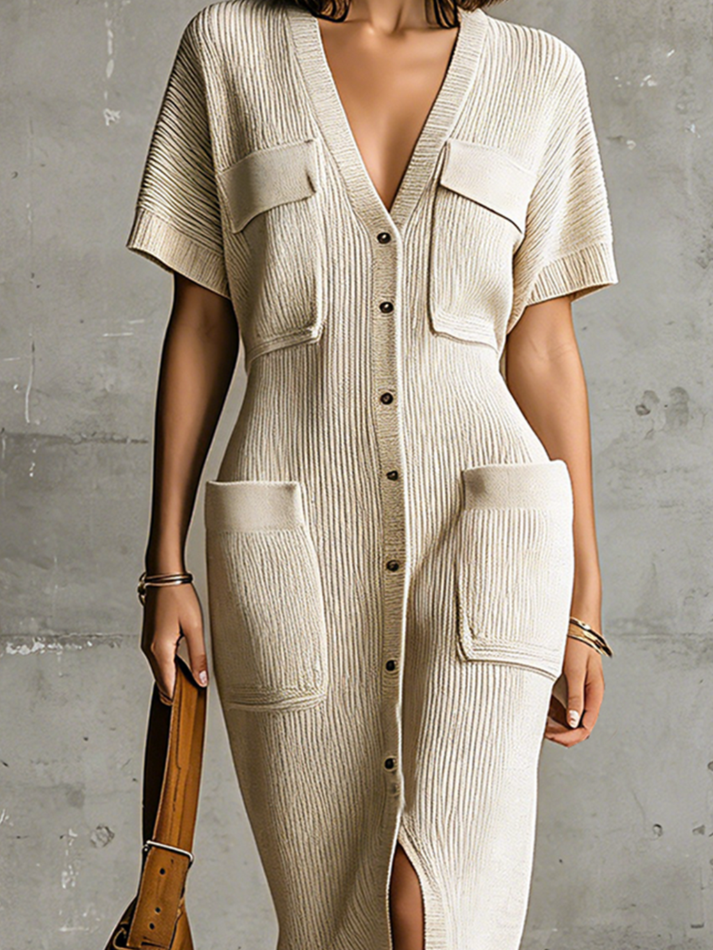 Chic Casual Oatmeal  V-Neck Single-Breasted Short Sleeve Patch Pocket Loose-Fit Ribbed Knit Midi Dress