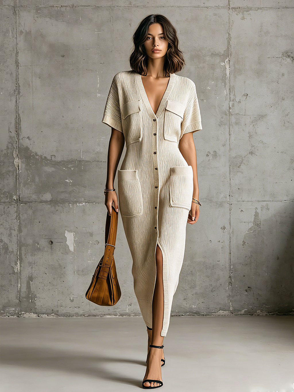 Chic Casual Oatmeal  V-Neck Single-Breasted Short Sleeve Patch Pocket Loose-Fit Ribbed Knit Midi Dress