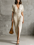 Chic Casual Oatmeal  V-Neck Single-Breasted Short Sleeve Patch Pocket Loose-Fit Ribbed Knit Midi Dress