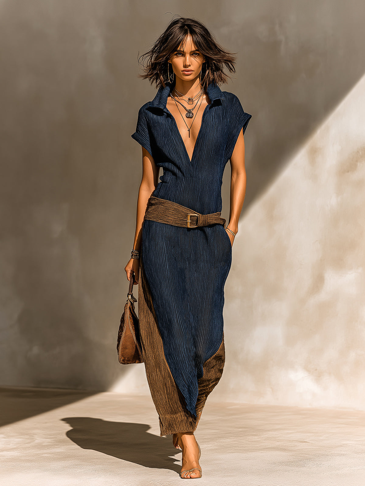 Chic Elegant Navy Blue-Brown Colorblock Corduroy Lapel V-Neck Short-Sleeve Belted-Waist Slim-Fit Maxi Dress