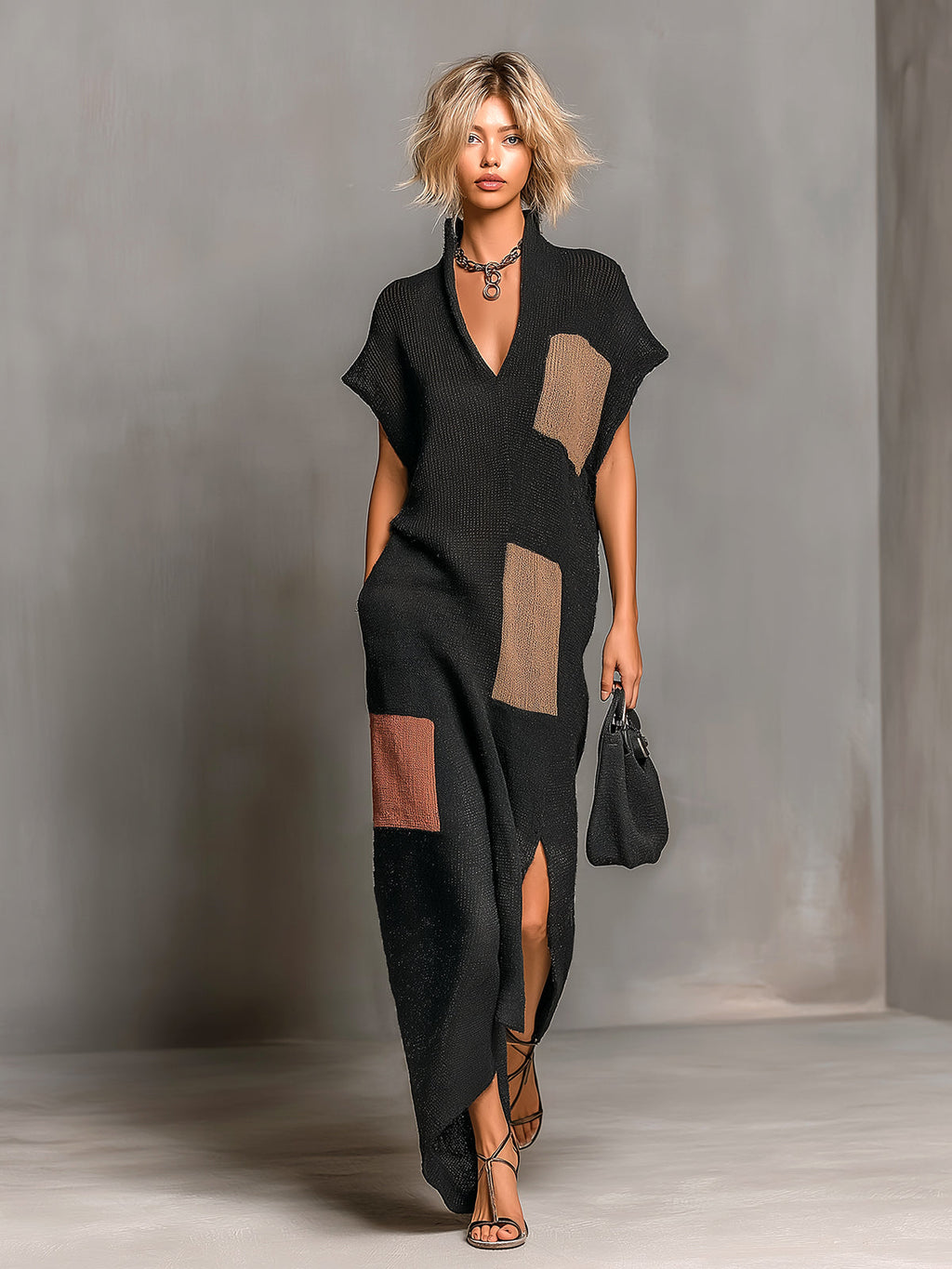 Chic Elegant Black-Brown-Pink Colorblock Stand Collar V-Neck Short-Sleeve Slit Detail Loose-Fit Knit Maxi Dress