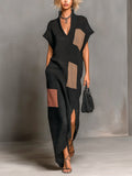 Chic Elegant Black-Brown-Pink Colorblock Stand Collar V-Neck Short-Sleeve Slit Detail Loose-Fit Knit Maxi Dress