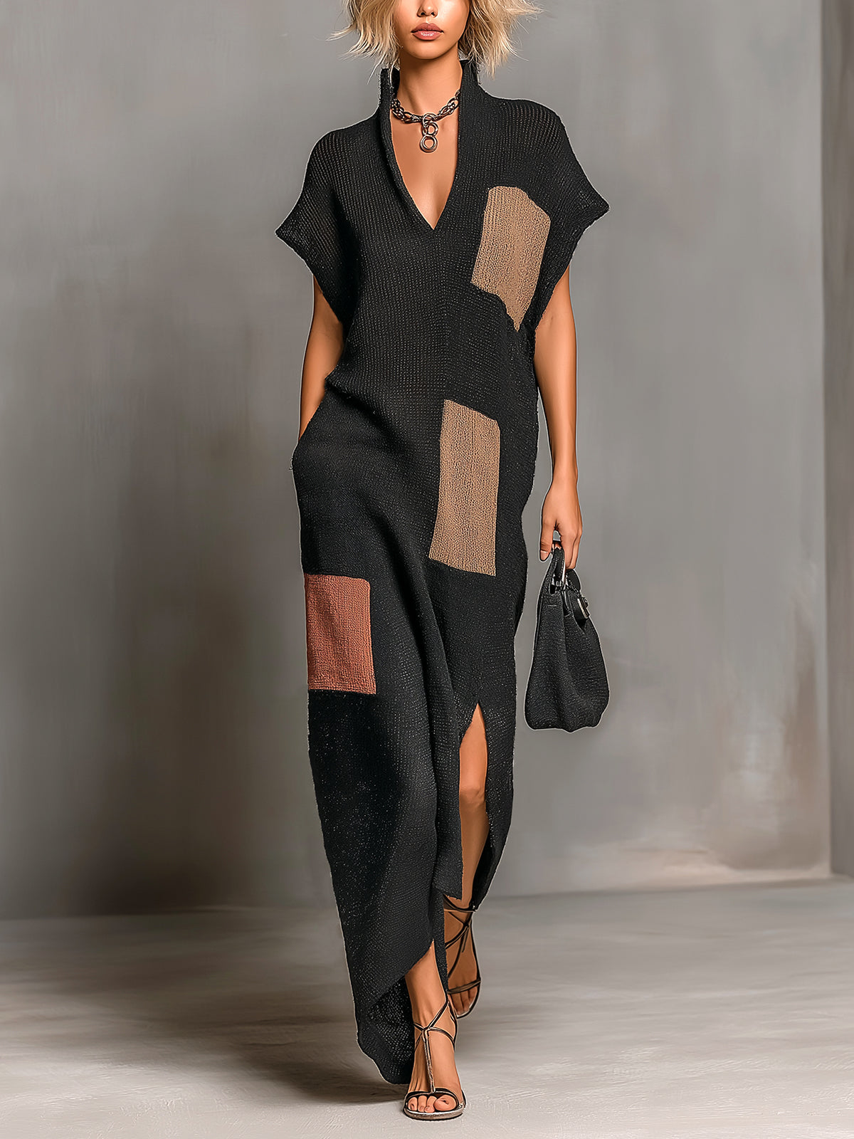 Chic Elegant Black-Brown-Pink Colorblock Stand Collar V-Neck Short-Sleeve Slit Detail Loose-Fit Knit Maxi Dress