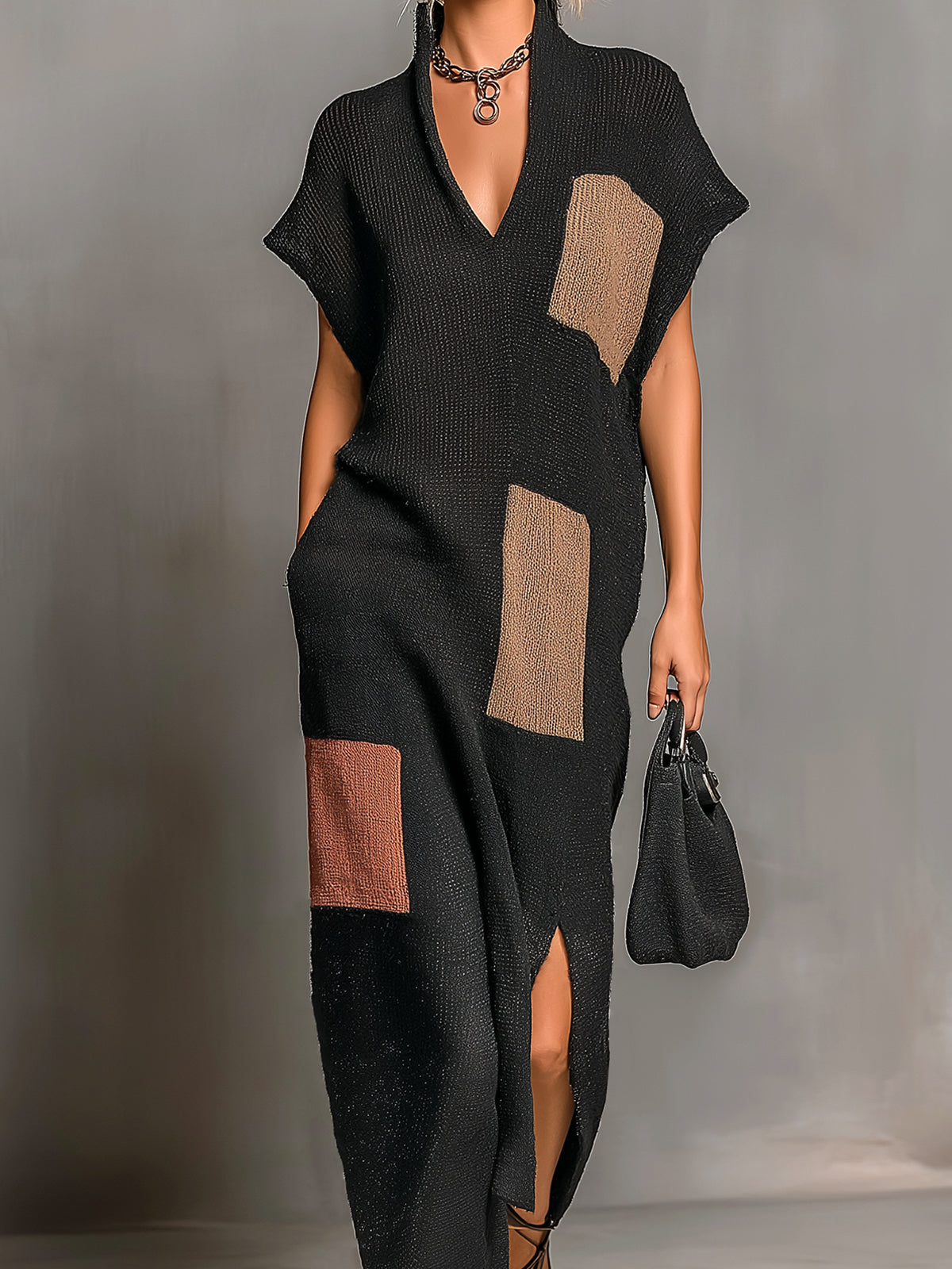 Chic Elegant Black-Brown-Pink Colorblock Stand Collar V-Neck Short-Sleeve Slit Detail Loose-Fit Knit Maxi Dress