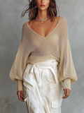 Chic Casual Beige V-Neck Balloon Long Sleeve Loose-Fit Mesh Knit Sweater Top