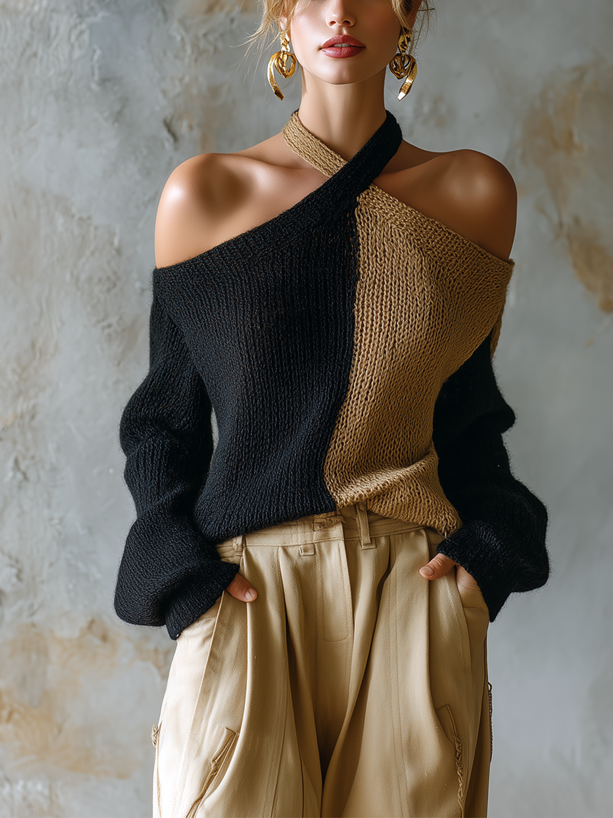 Chic Casual Black-Camel Colorblock Halter Off Shoulder Long Sleeve Loose-Fit Knit Sweater Top