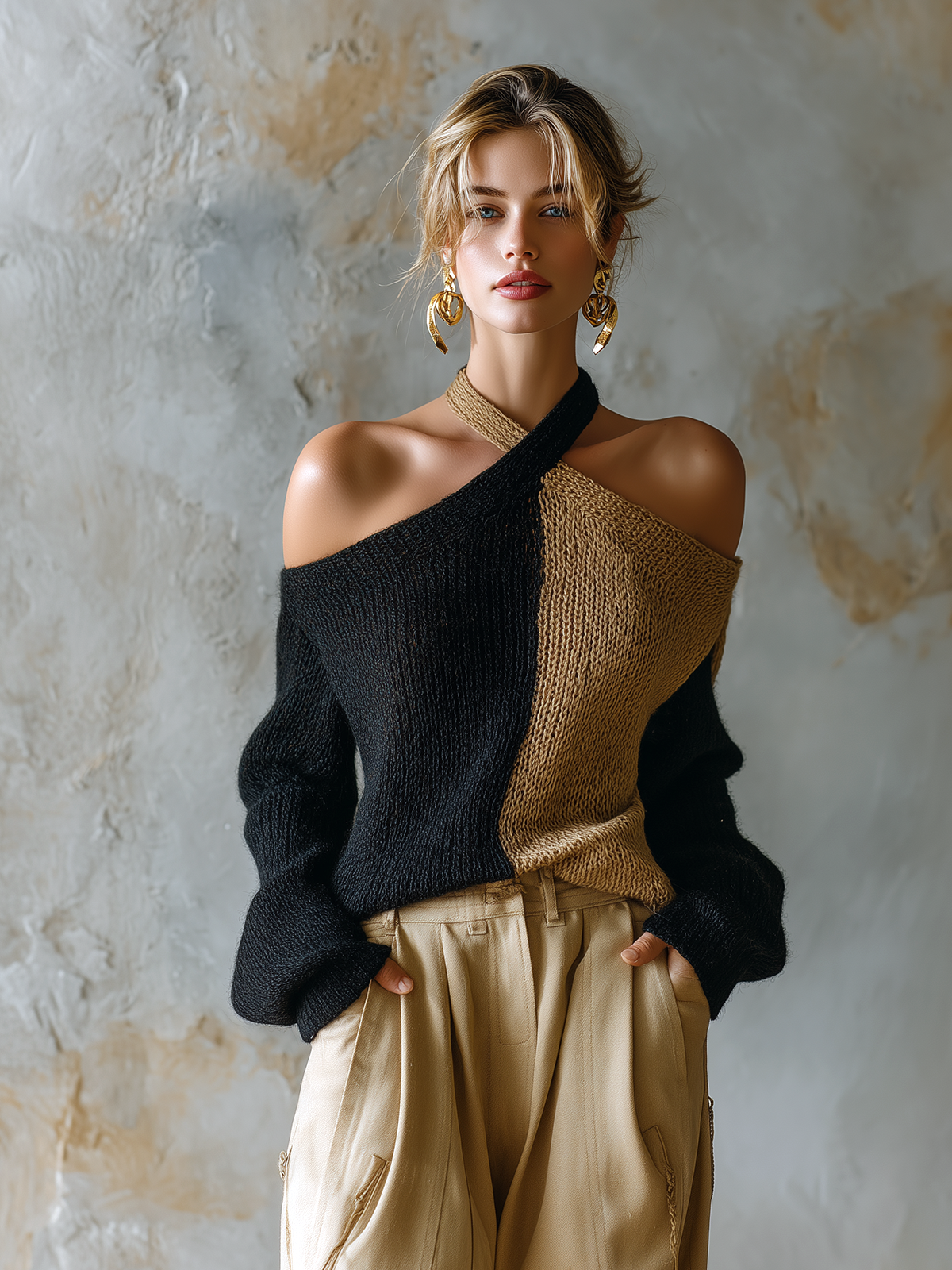 Chic Casual Black-Camel Colorblock Halter Off Shoulder Long Sleeve Loose-Fit Knit Sweater Top