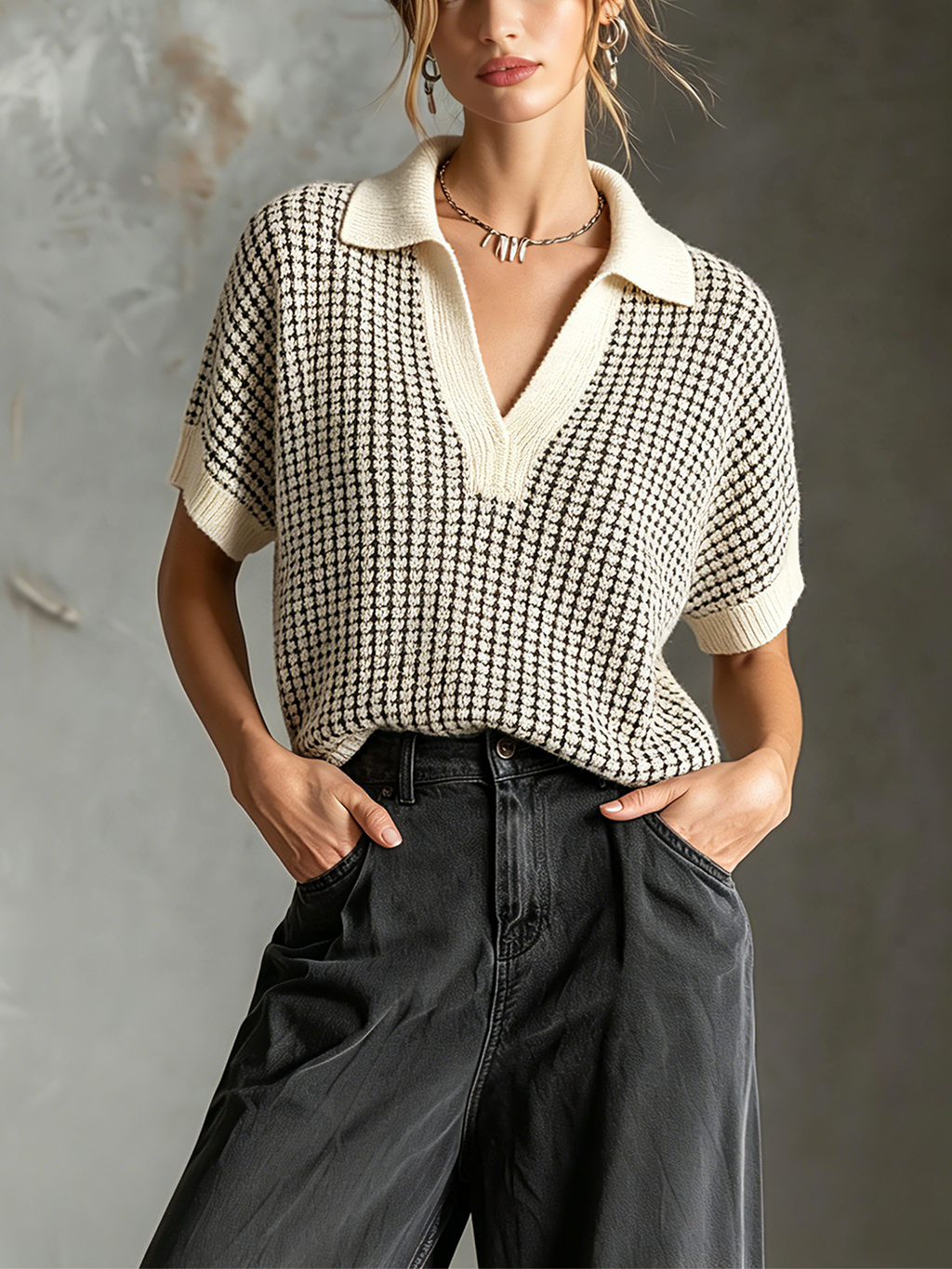 Chic Casual Off White Lapel-Collar V-Neck Short-Sleeve  Loose-Fit Grid Textured Knit Sweater Top