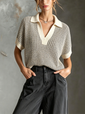 Chic Casual Off White Lapel-Collar V-Neck Short-Sleeve  Loose-Fit Grid Textured Knit Sweater Top