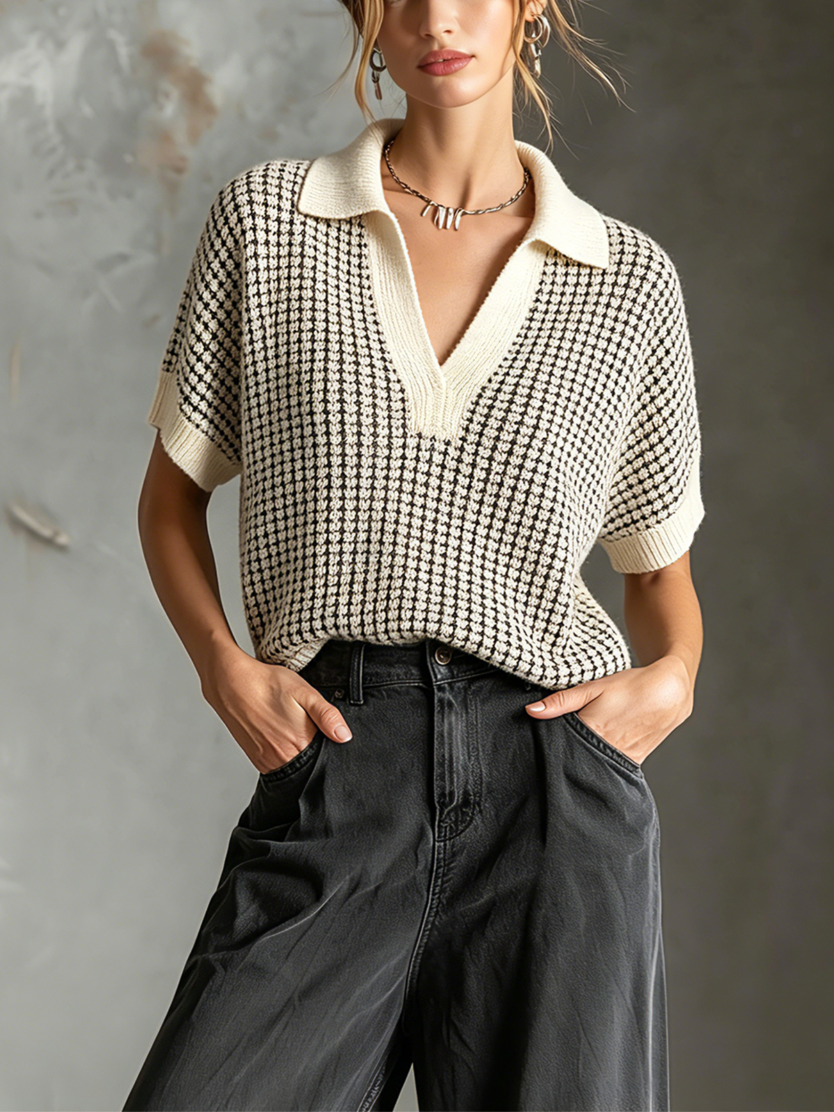Chic Casual Off White Lapel-Collar V-Neck Short-Sleeve  Loose-Fit Grid Textured Knit Sweater Top
