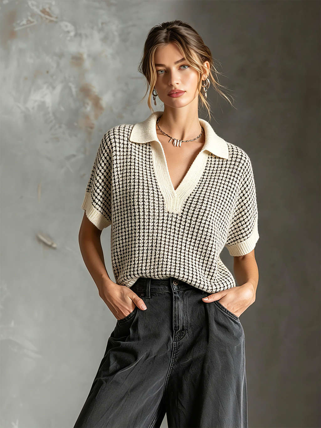 Chic Casual Off White Lapel-Collar V-Neck Short-Sleeve  Loose-Fit Grid Textured Knit Sweater Top