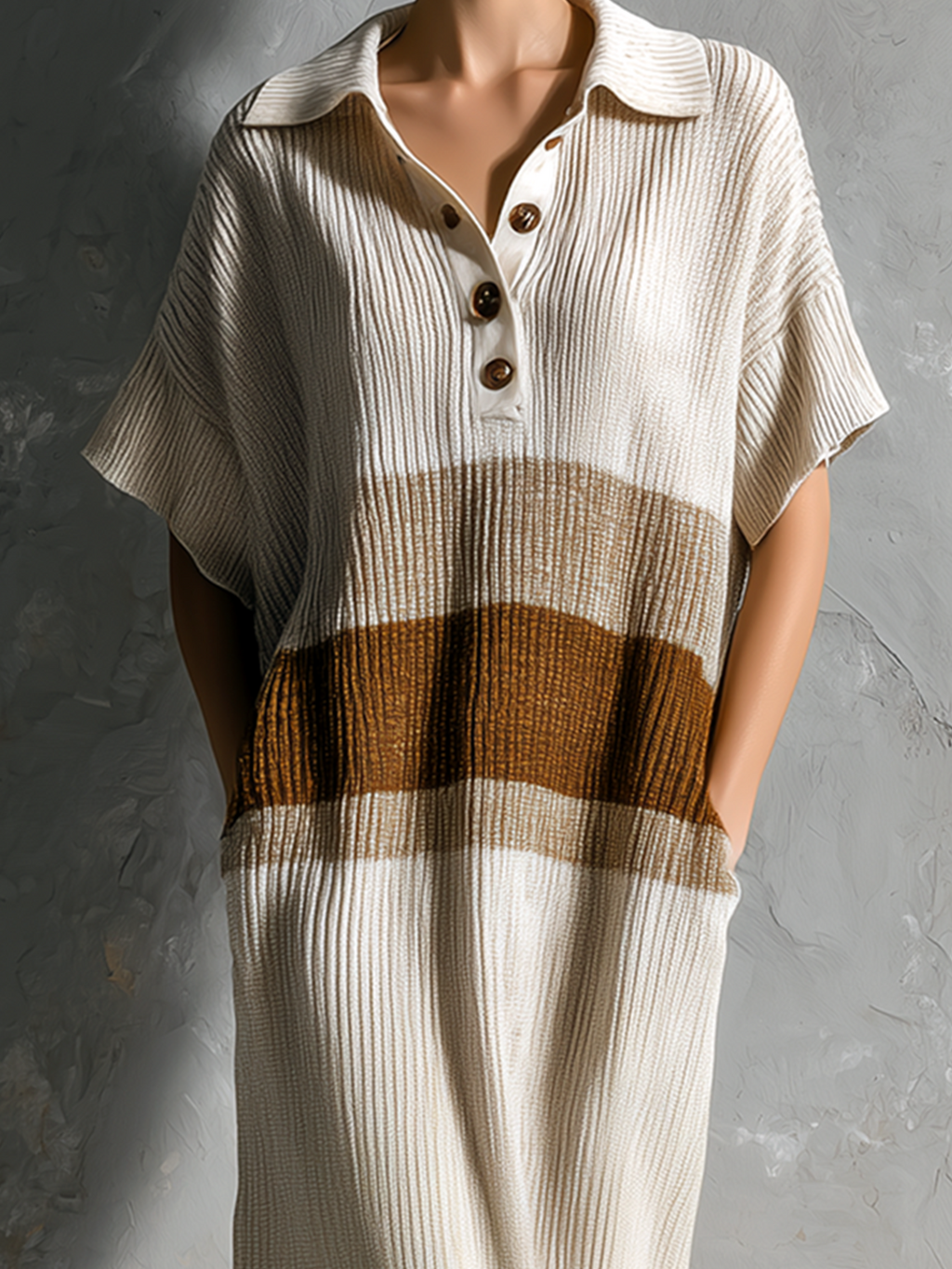Chic Elegant Off White Lapel-Collar Button Front Contrast Trim Short-Sleeve Loose-Fit Ribbed Knit Maxi Dress