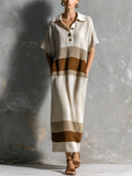 Chic Elegant Off White Lapel-Collar Button Front Contrast Trim Short-Sleeve Loose-Fit Ribbed Knit Maxi Dress