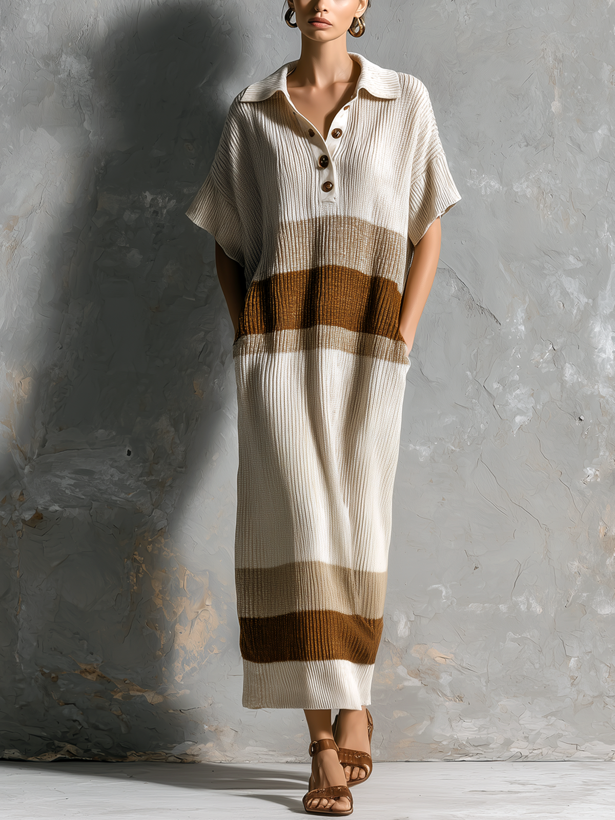 Chic Elegant Off White Lapel-Collar Button Front Contrast Trim Short-Sleeve Loose-Fit Ribbed Knit Maxi Dress