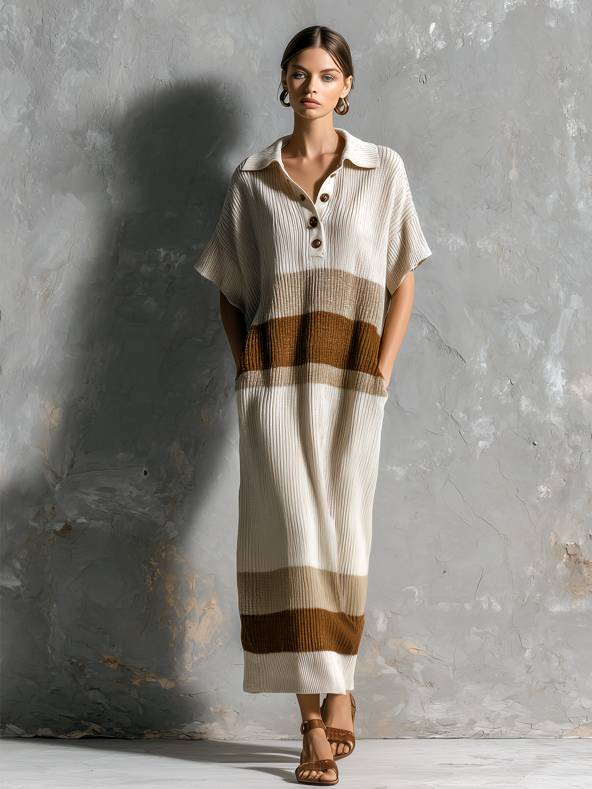 Chic Elegant Off White Lapel-Collar Button Front Contrast Trim Short-Sleeve Loose-Fit Ribbed Knit Maxi Dress