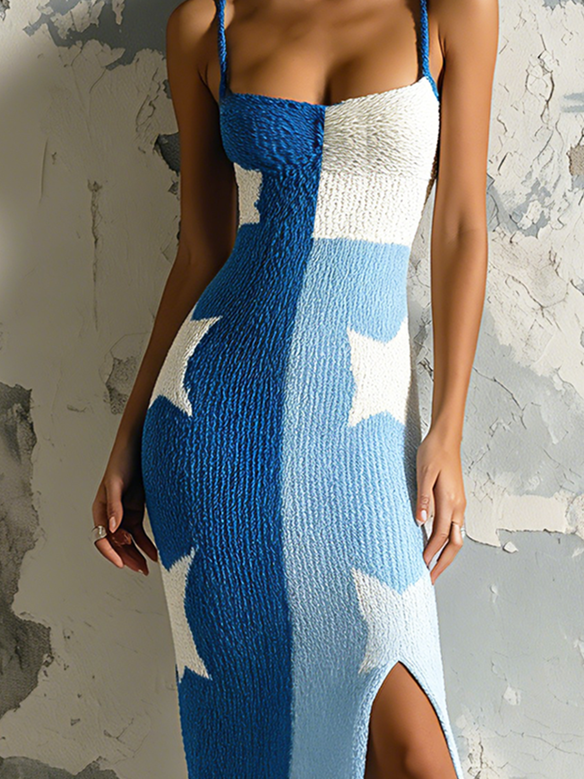Chic Elegant Blue Colorblock Star Jacquard Spaghetti Straps Square-Neck Sleeveless Slim Fit Side Slit Knit Midi Dress