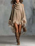 Chic Elegant Light Brown Cowl-Neck Long-Flare-Sleeve Fringe Detail Asymmetrical Hem Loose-Fit Knit Midi Dress