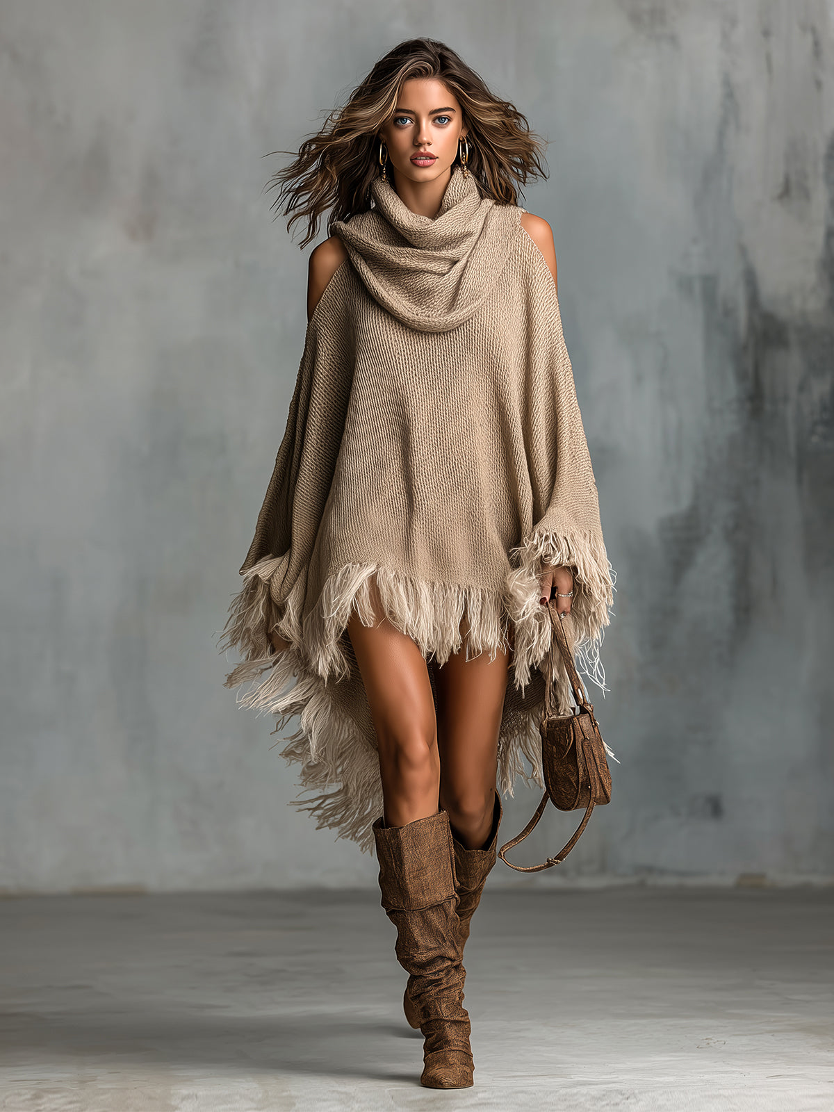 Chic Elegant Light Brown Cowl-Neck Long-Flare-Sleeve Fringe Detail Asymmetrical Hem Loose-Fit Knit Midi Dress