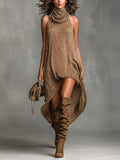 Chic Elegant Brown Cowl-Neck Sleeveless Asymmetrical Hem A-Line Loose-Fit Knit Midi Dress