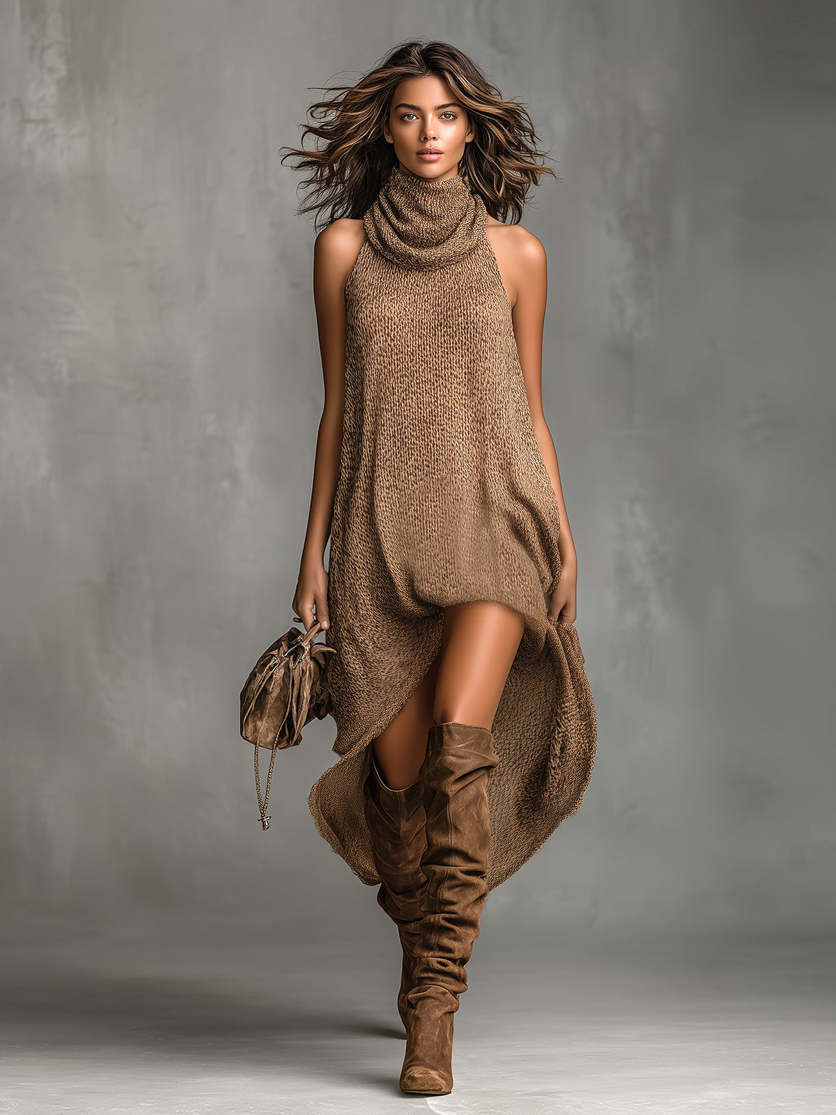 Chic Elegant Brown Cowl-Neck Sleeveless Asymmetrical Hem A-Line Loose-Fit Knit Midi Dress