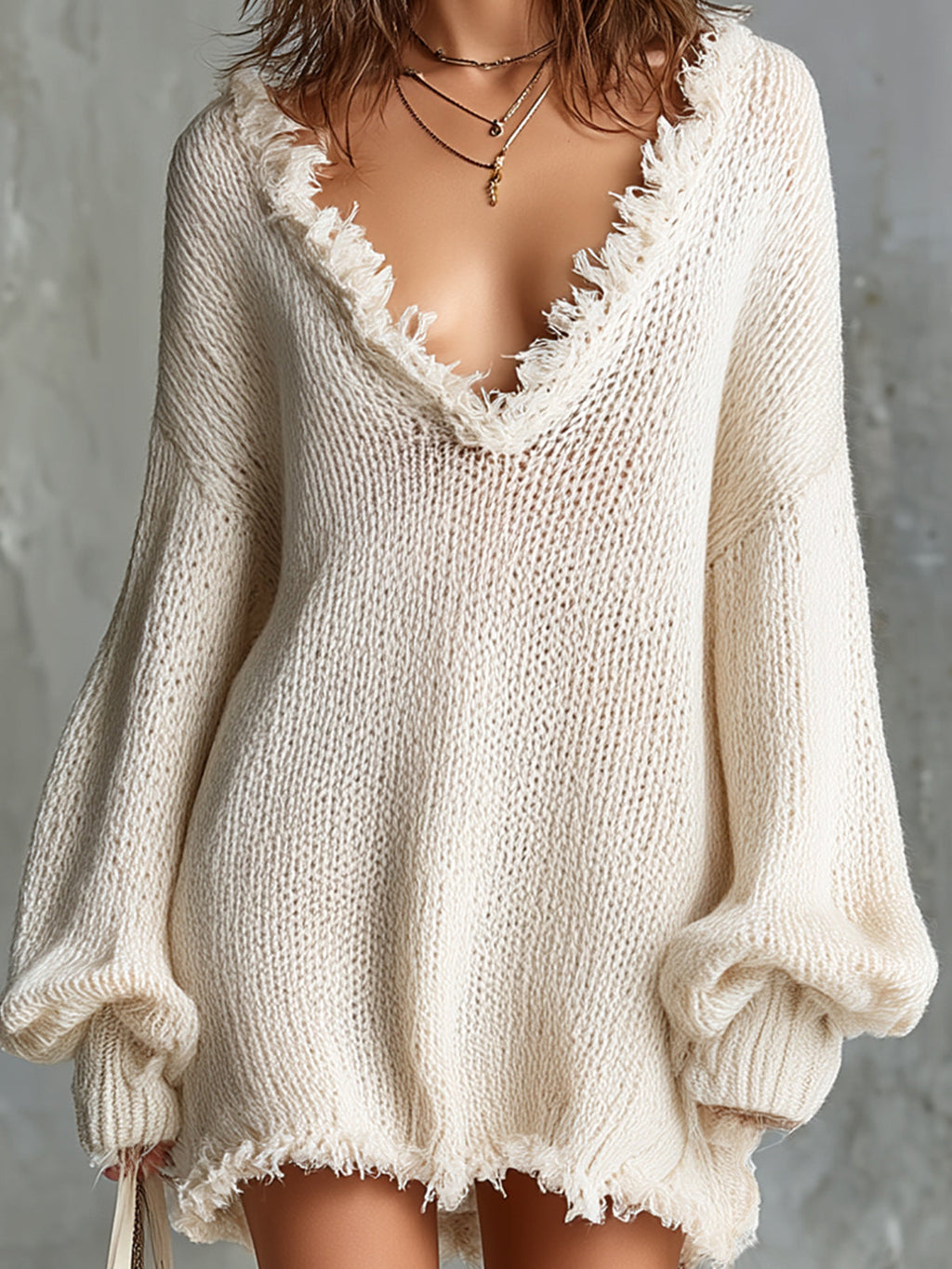 Chic Elegant Beige Cotton Blend Deep V-Neck Long-Lantern-Sleeve Raw Edge Detail Loose-Fit Knit Mini Dress