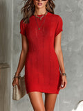 Chic Elegant Red Cotton Blend Round-Neck Short-Sleeve Hollow-Out Detail Slim-Fit Soft Knit Mini Dress
