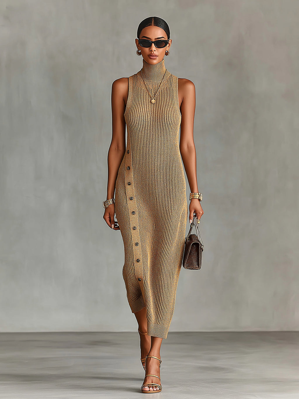 Chic Elegant Camel Melange Turtleneck Sleeveless Button-Front Detail Slim-Fit Ribbed Knit Maxi Dress