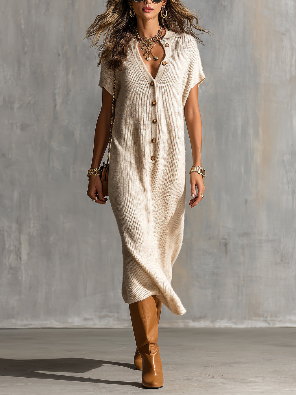 Chic Elegant Beige Henley Neck Dropped Shoulder Short-Sleeve Loose-Fit Soft Knit Midi Dress