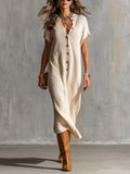 Chic Elegant Beige Henley Neck Dropped Shoulder Short-Sleeve Loose-Fit Soft Knit Midi Dress