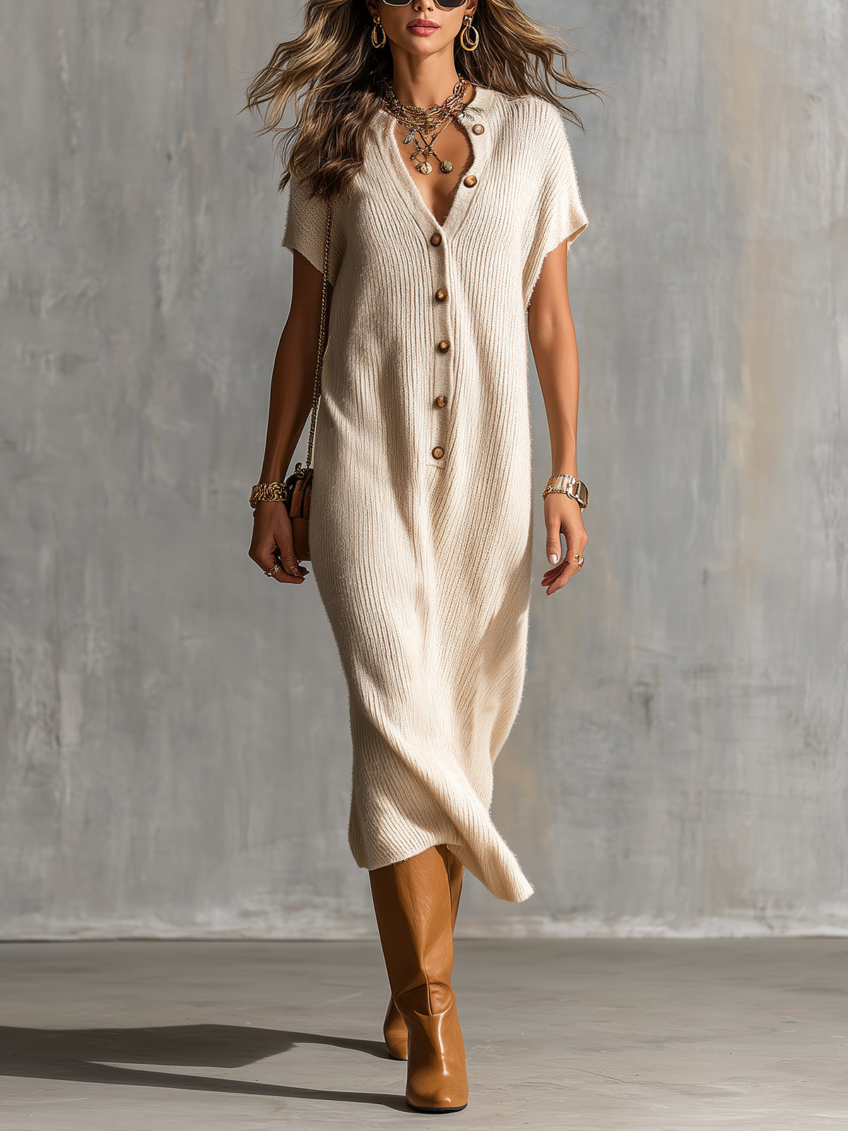 Chic Elegant Beige Henley Neck Dropped Shoulder Short-Sleeve Loose-Fit Soft Knit Midi Dress
