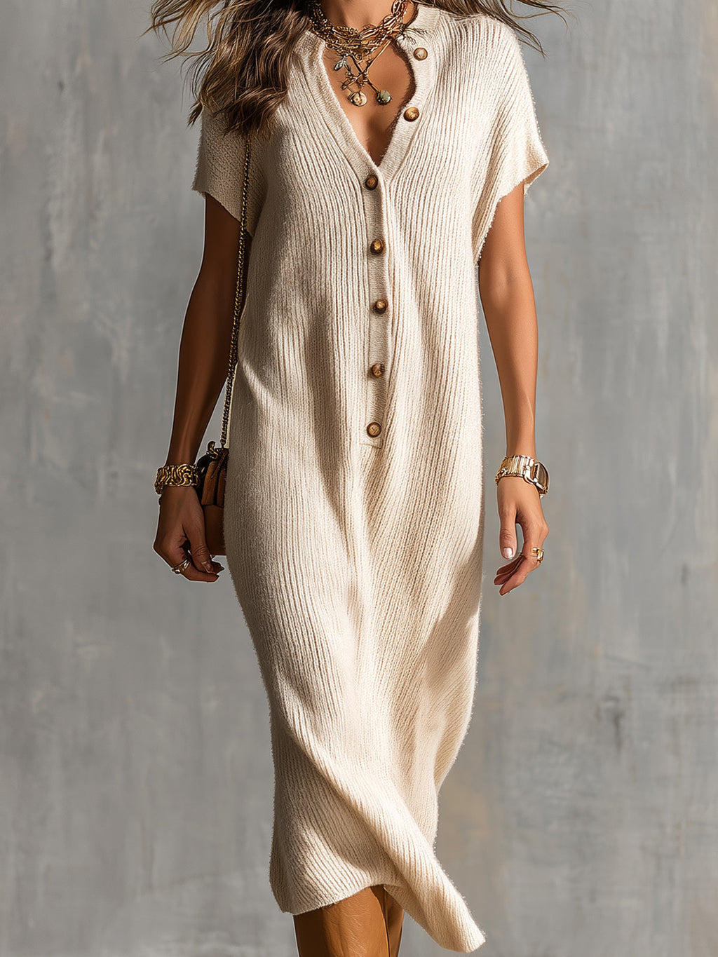 Chic Elegant Beige Henley Neck Dropped Shoulder Short-Sleeve Loose-Fit Soft Knit Midi Dress