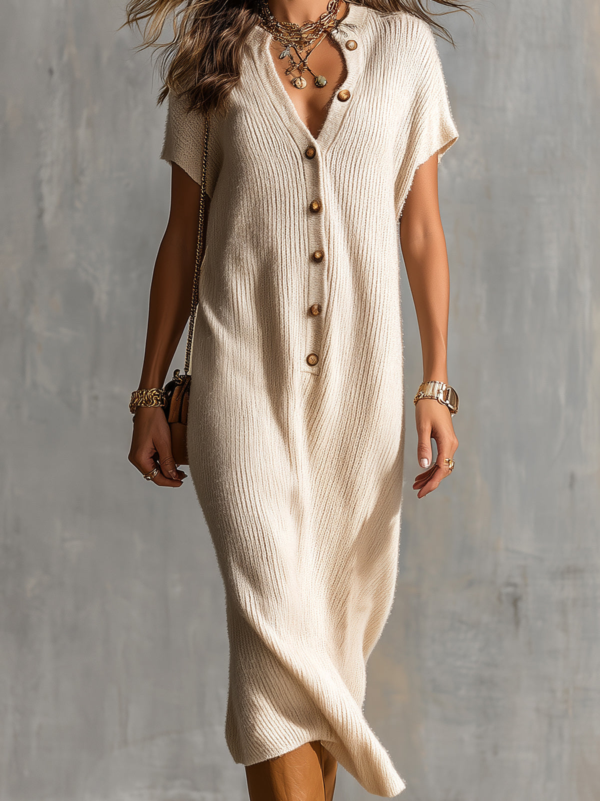 Chic Elegant Beige Henley Neck Dropped Shoulder Short-Sleeve Loose-Fit Soft Knit Midi Dress