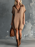 Chic Casual Camel Lapel-Collar V-Neck Contrast Trim Short-Sleeve Frayed Hem Loose-Fit Knit Mini Dress